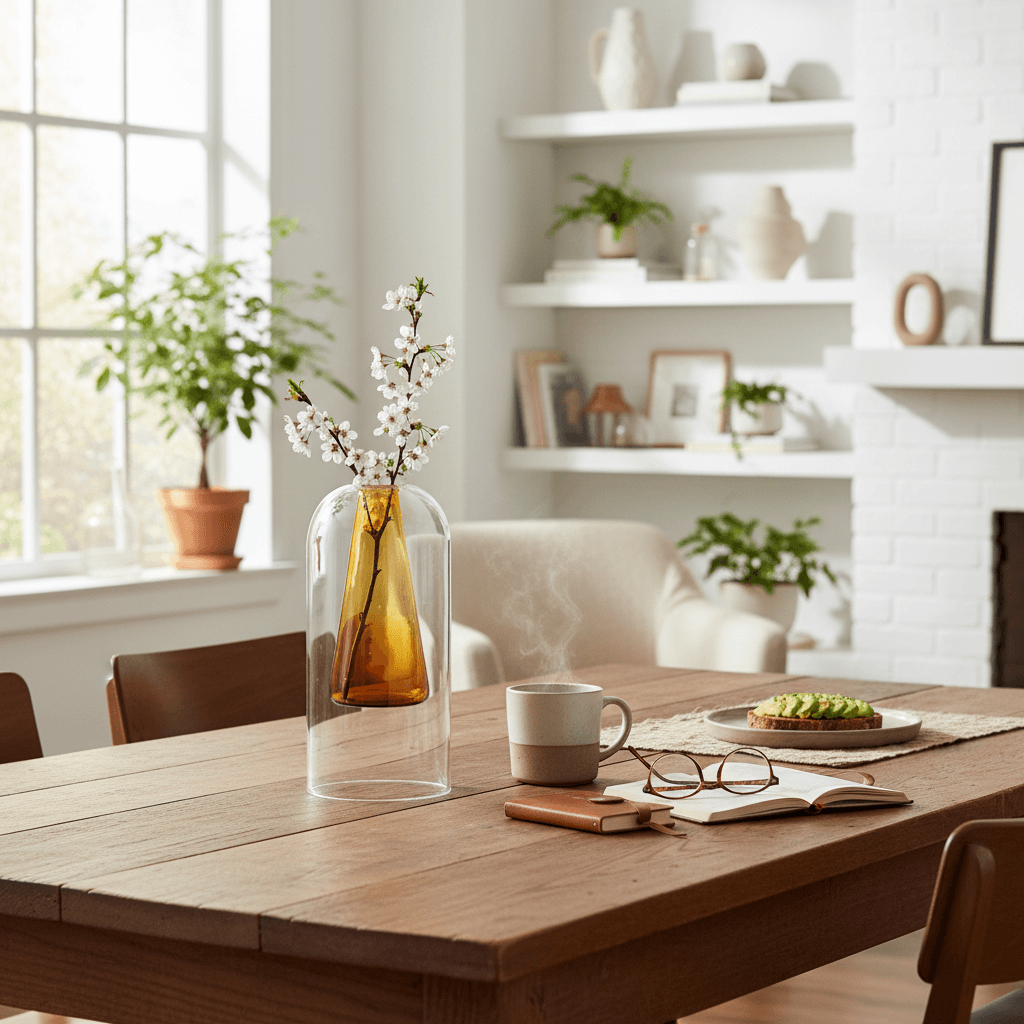 Amber_Glass_reed_diffuser vase on a living room table