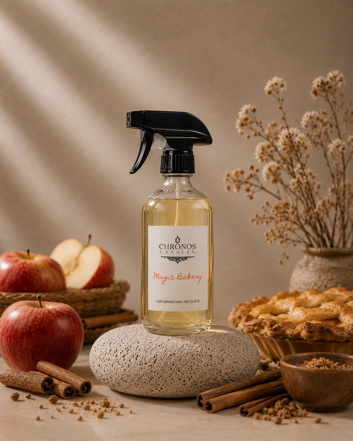 A bottle of Chronos Magic Bakery liquid room spray stands on a stone slab, surrounded by baking props including cinnamon sticks, apples, a pie, and dried flowers against a warm beige background.