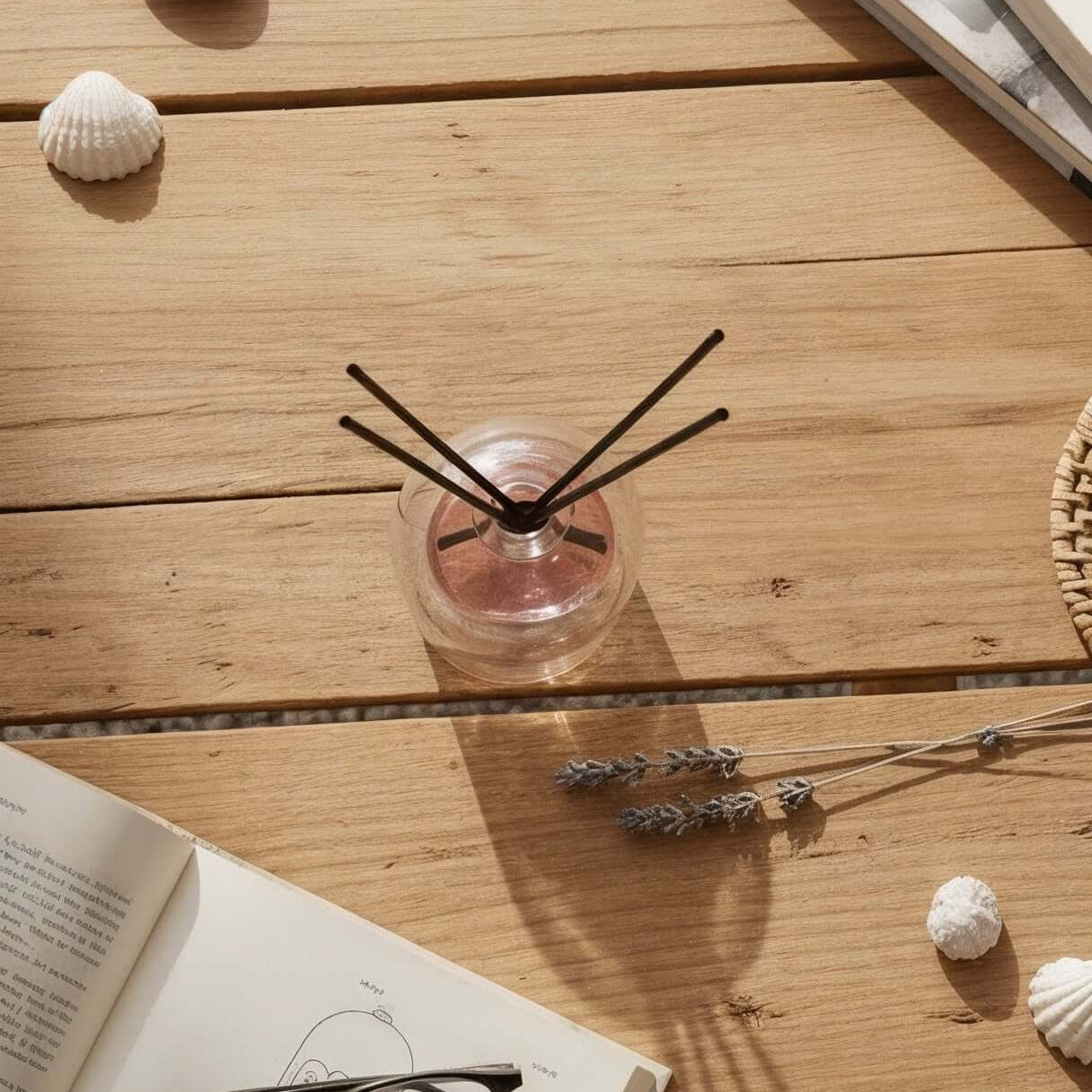 Diffuser on a Wooden table with an open book, glasses, a small cup, and decorative items.