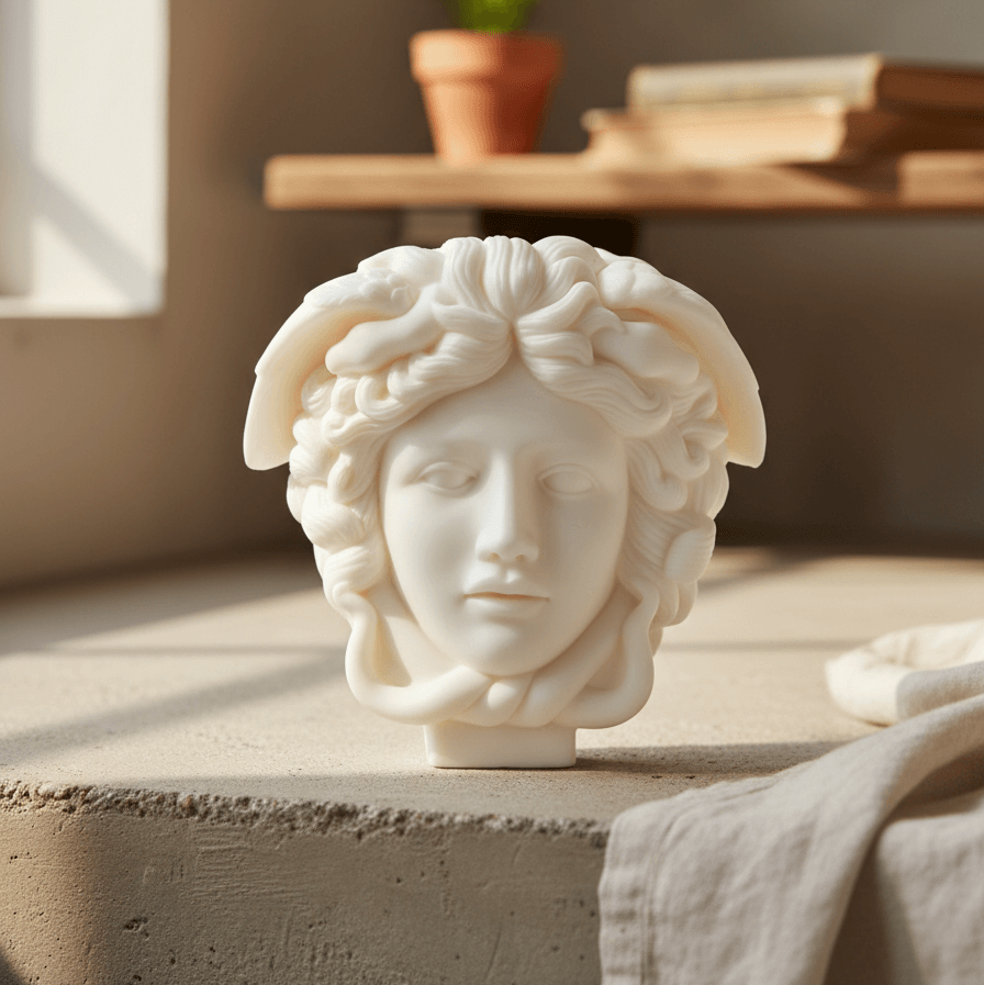 Medusa mythology sculptural candle in natural wax decor setting