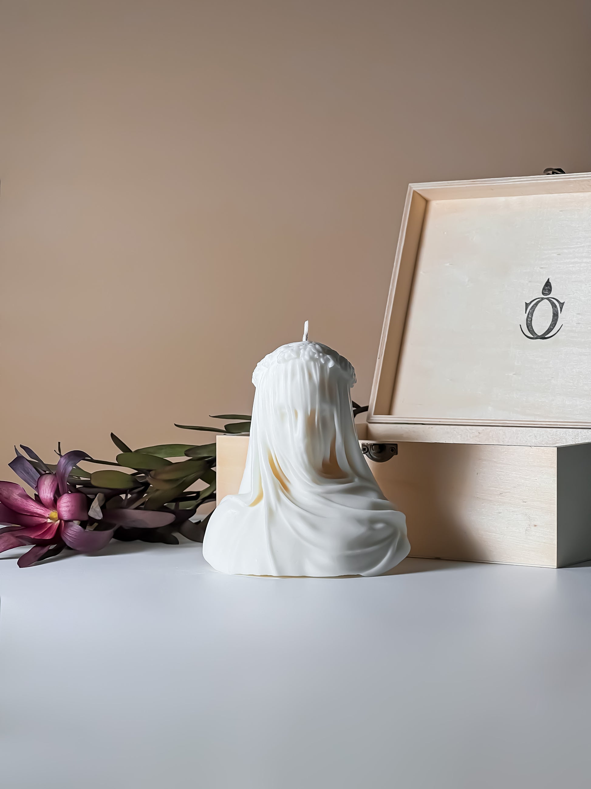 Elegant Veiled Virgin luxury candle sculpture featuring Holy Mary with delicate veil details, crafted in soft white wax. Perfect as a decorative accent piece or thoughtful religious gift for home or sacred space