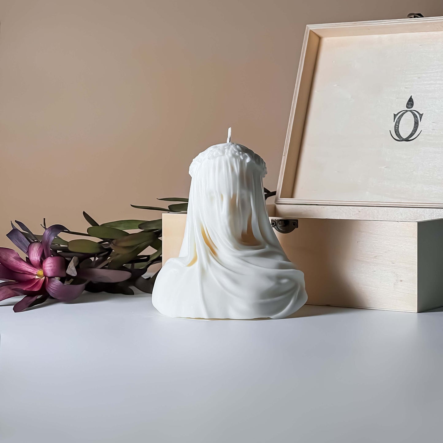 Elegant Veiled Virgin luxury candle sculpture featuring Holy Mary with delicate veil details, crafted in soft white wax. Perfect as a decorative accent piece or thoughtful religious gift for home or sacred space