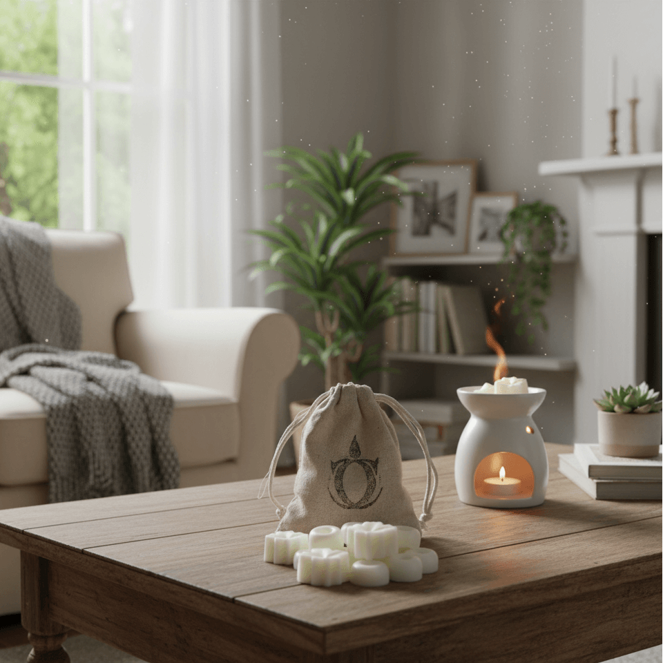 Cozy living room with a wooden coffee table, white candle, and a bag of tea bags.