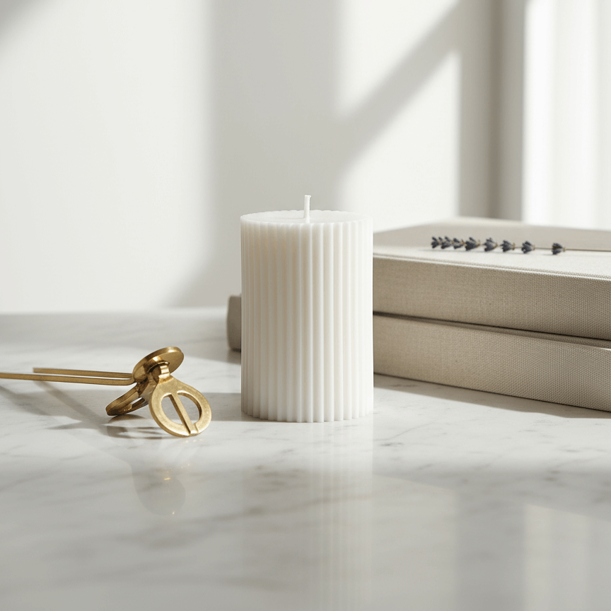 White candle on a marble surface with a bathtub in the background