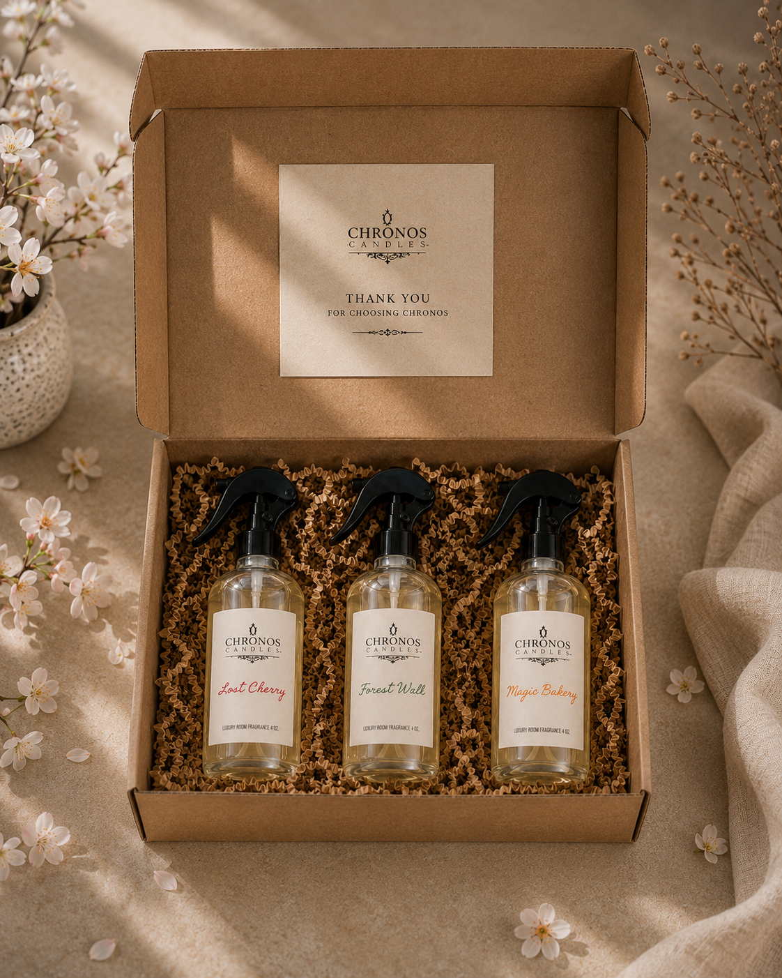 An open brown cardboard gift box containing three Chronos Apothecary spray bottles nestled in brown crinkle paper. The inside lid has a thank-you card.