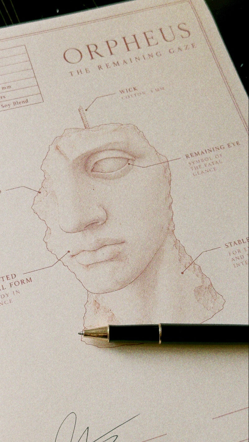 A close-up of a vintage-style paper document titled 'ORPHEUS THE REMAINING FACE' with a faint sketch of a classical bust and handwritten labels, crossed by a black pen with a gold tip.