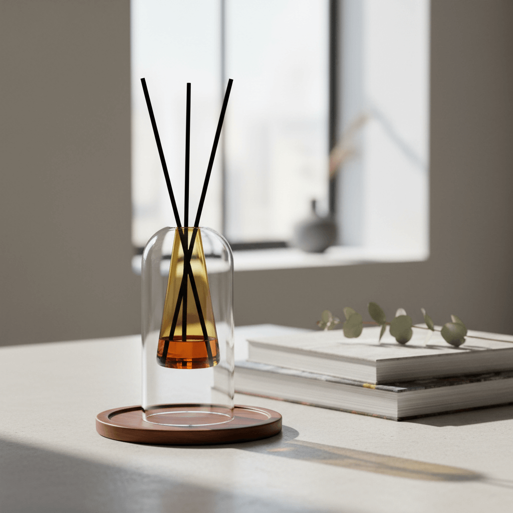 Amber reed diffuser on a table next to some decorative books 