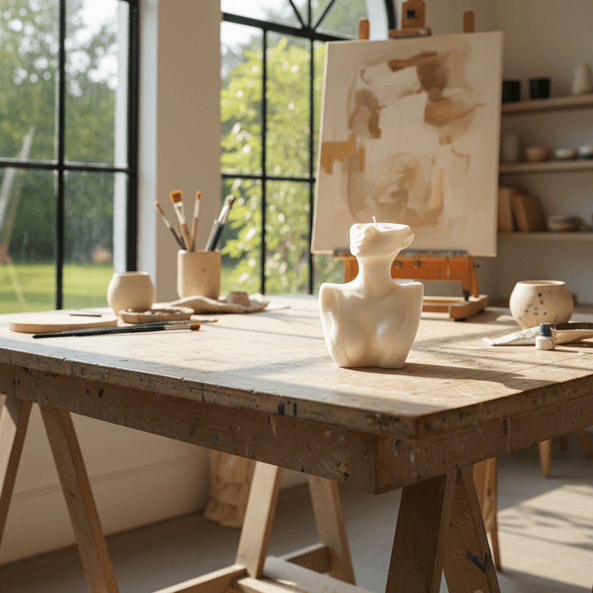Art studio with wooden table, canvas on an easel, and various art supplies.