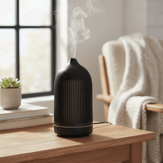 Black diffuser emitting steam on a wooden table with a cozy room setting.