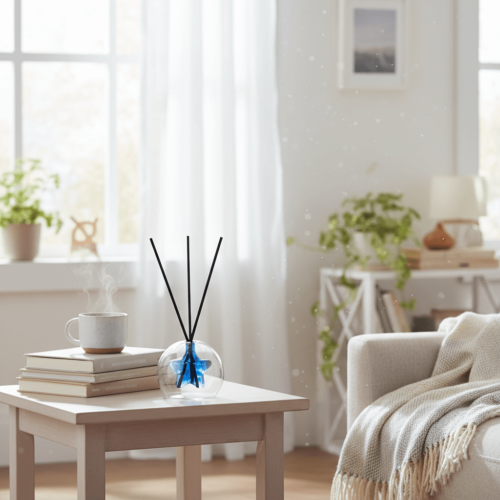Living room with a coffee table, books, and a diffuser.