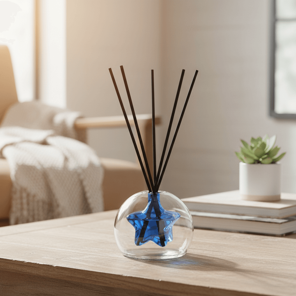Clear diffuser with black sticks on a wooden table in a home setting