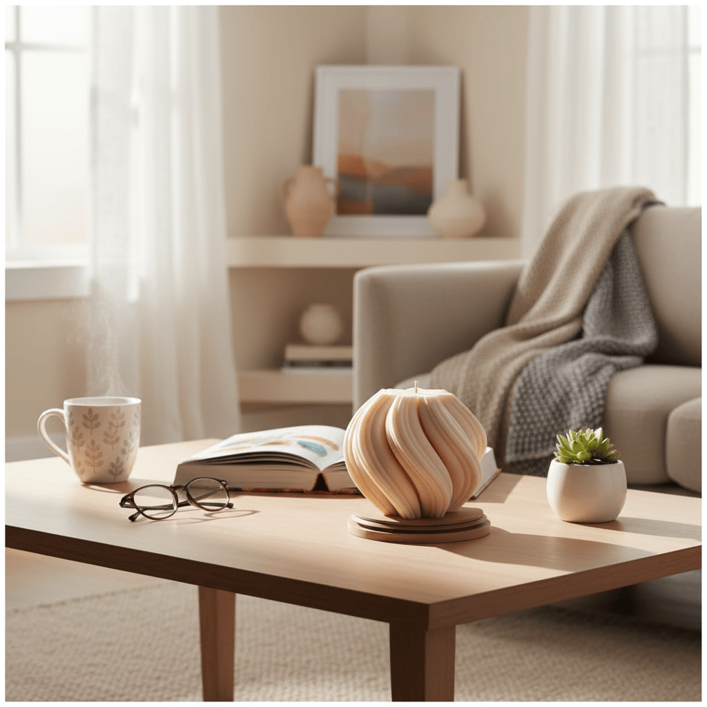 Living room with a coffee table featuring a mug, book, and decorative candle.