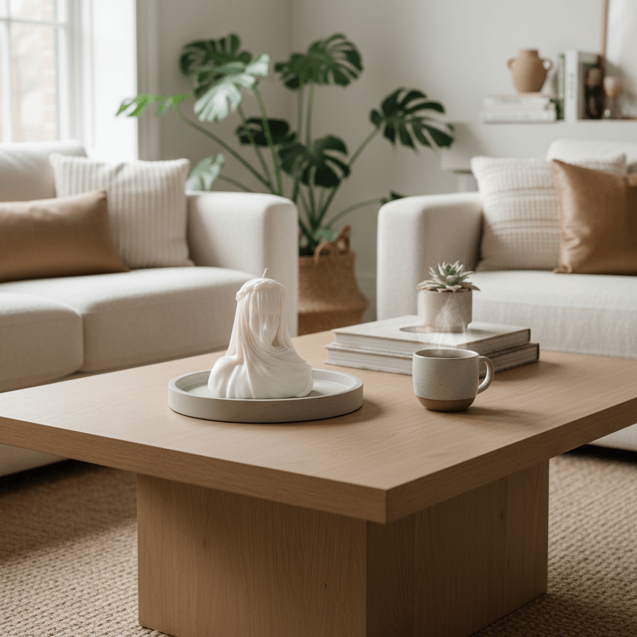 Candle on a living room coffee table