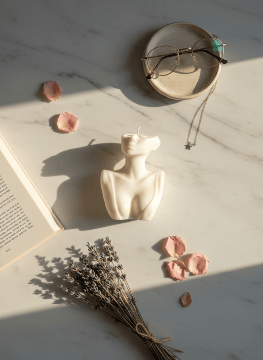 Candle shaped like a woman on a marble surface with lavender and petals