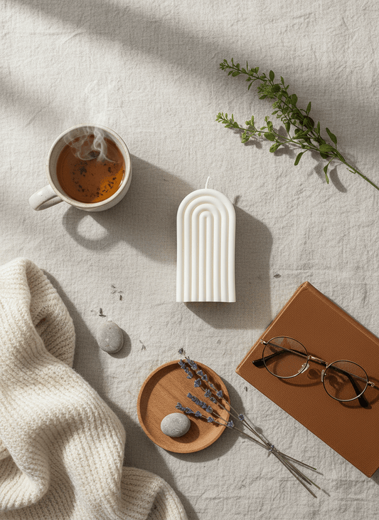 Geometrical Candle with a cup of tea, notebook, glasses, and plant on a textured surface