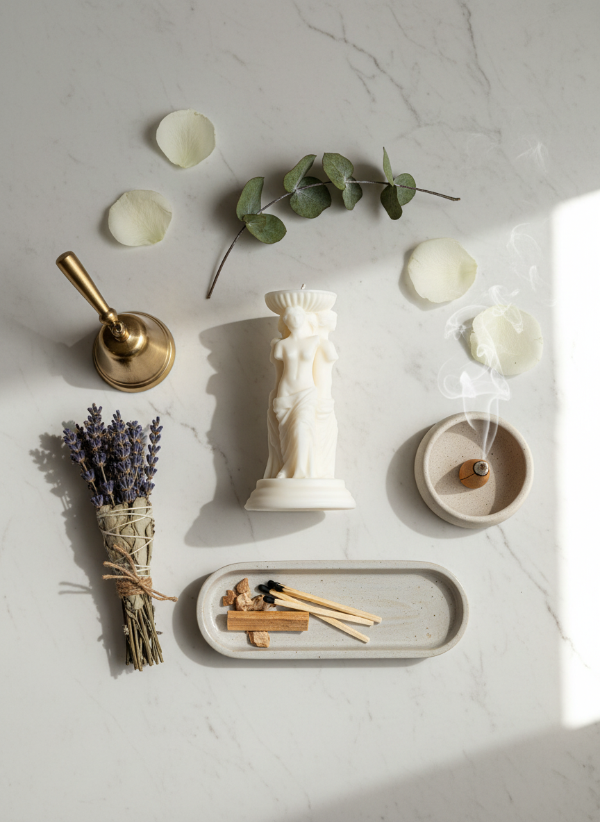 Decorative items including a Wax statue, lavender bundle, and candles on a marble surface.
