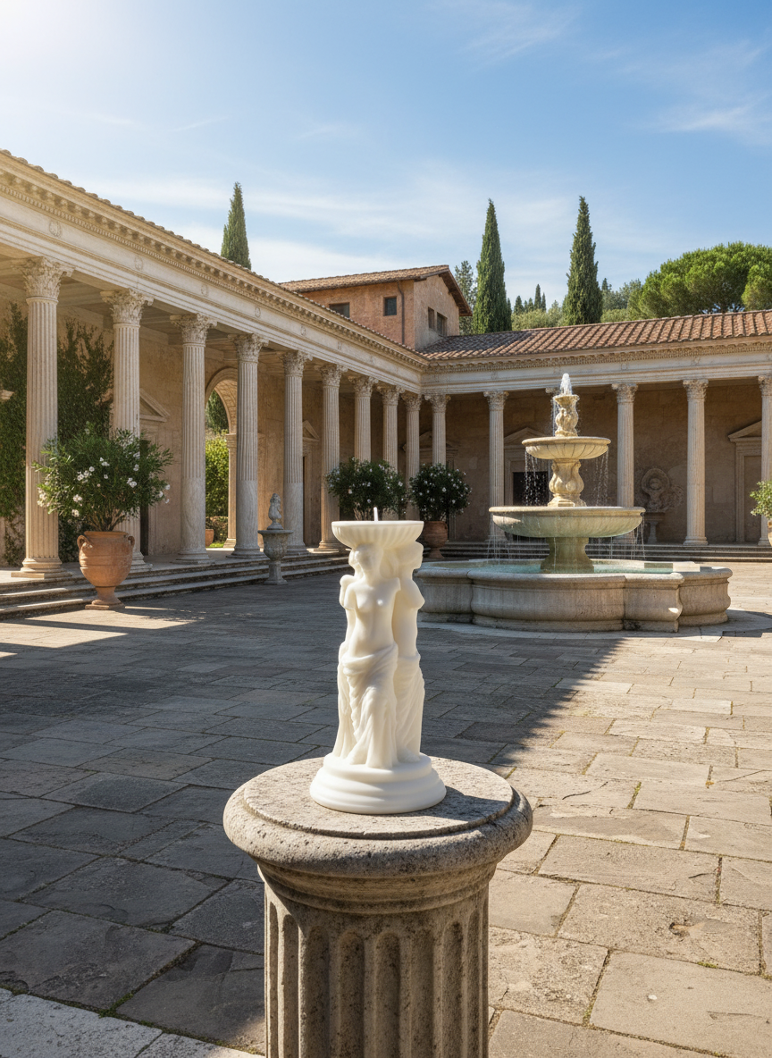 Stately classical building with columns and a fountain in a courtyard with Caryatid Candle in ancient Greece