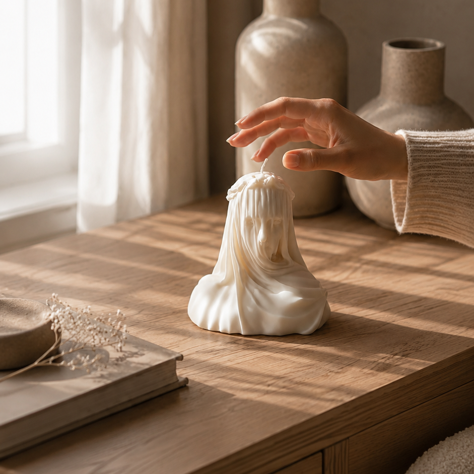 A hand in a cream knit sleeve gently touches a small white draped figurine on a wooden table, with neutral ceramic vases and soft window light in the background.