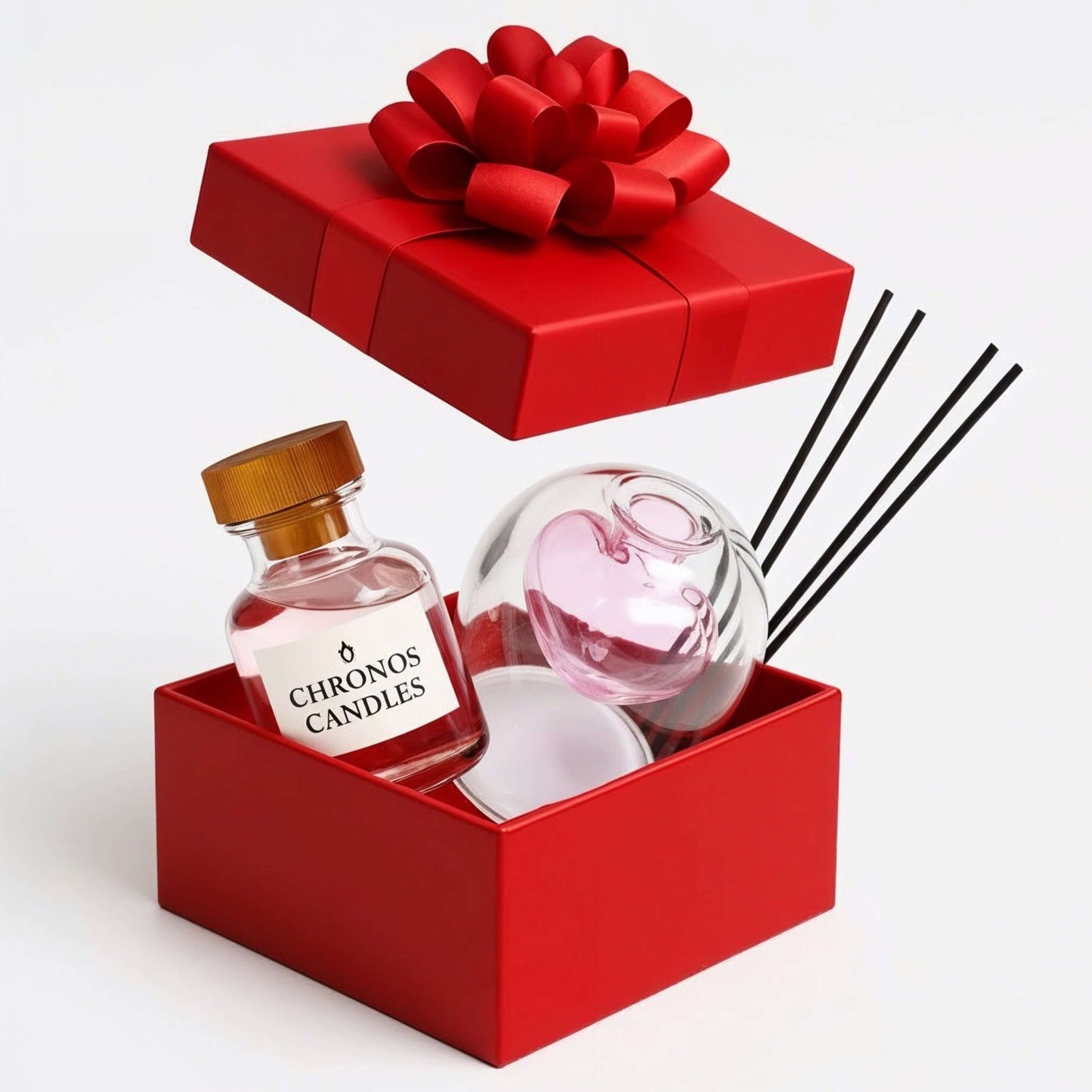 Chronos Candles product set in a red gift box with a bow on a white background