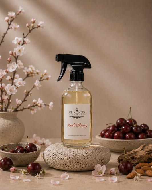 A bottle of Chronos Lost Cherry cleaning spray stands on a stone pedestal, surrounded by bowls of fresh cherries, blossoms, and almonds against a warm beige background.