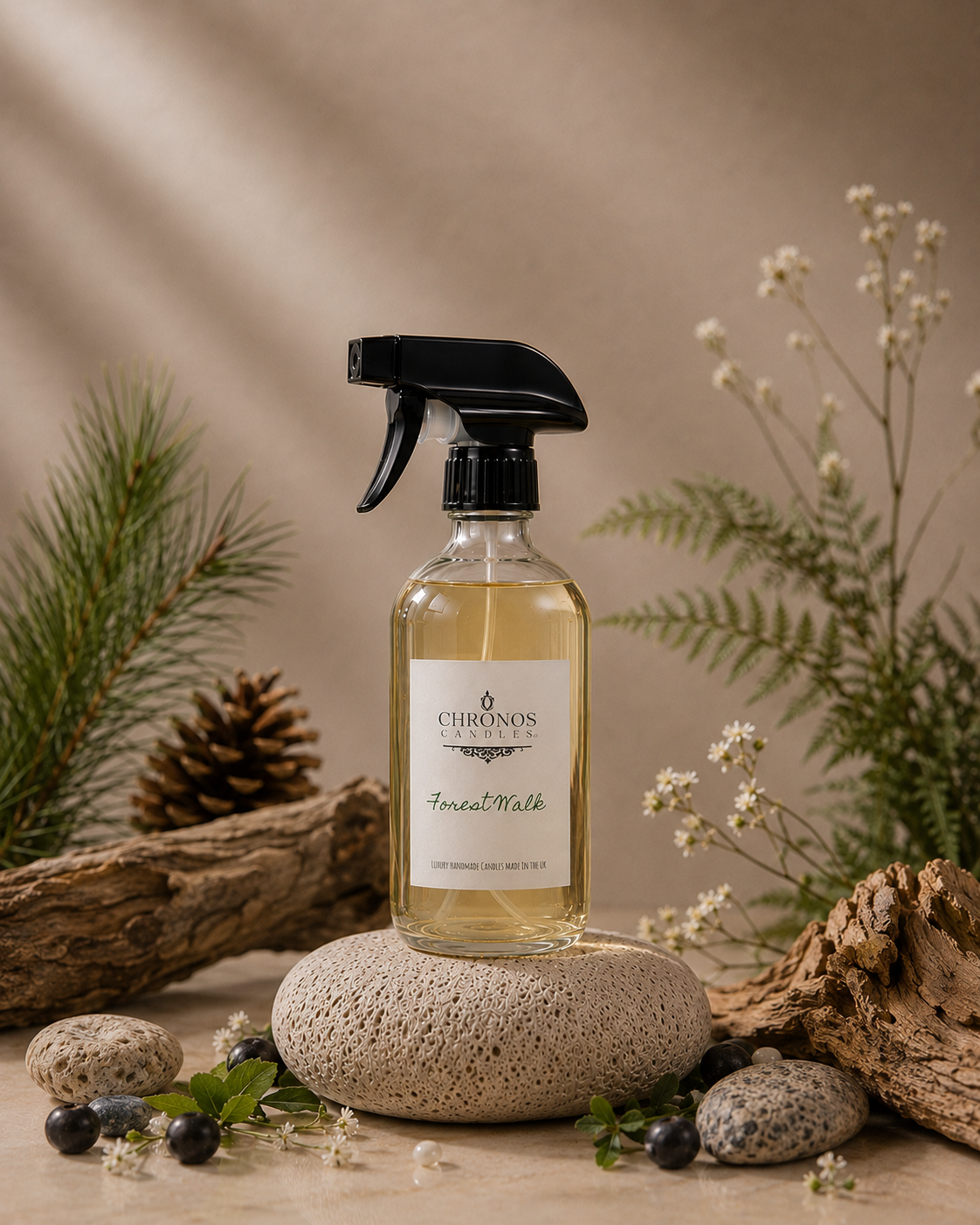 A bottle of Chronos Studios Aromatic Forest flowers diffuser spray with a black trigger sprayer and clear glass bottle, styled on a stone base with pine branches, a pinecone, driftwood, and small white flowers against a warm beige background.