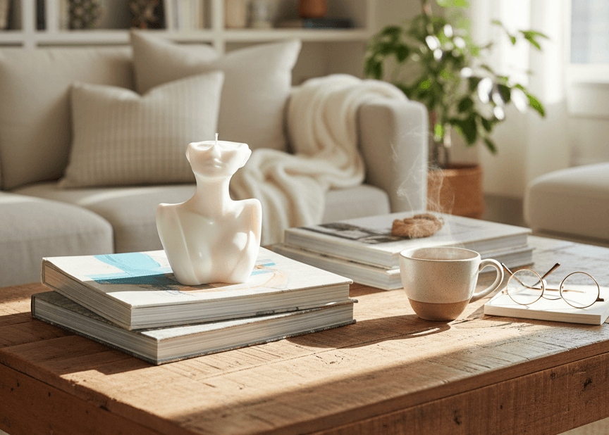 Cozy living room with a wooden coffee table, books, a cup, and decorative items.