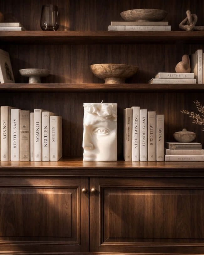 Wooden bookshelf with decorative items and books