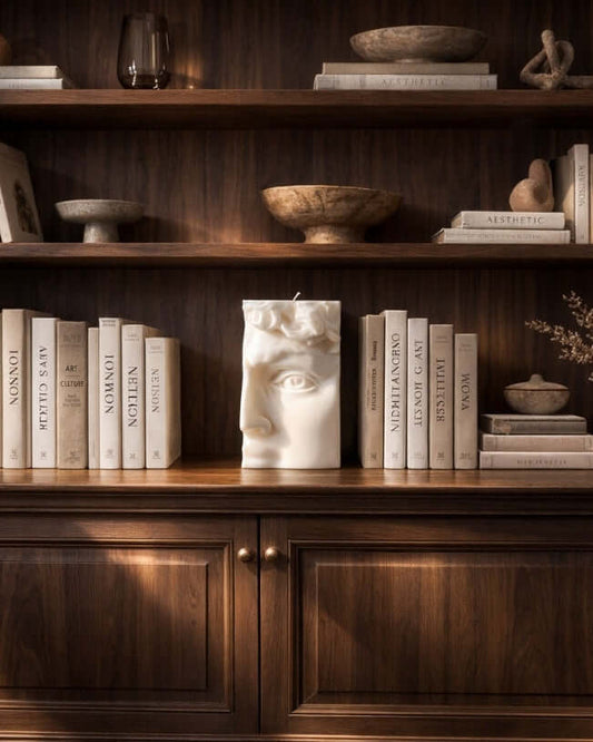 Wooden bookshelf with decorative items and books