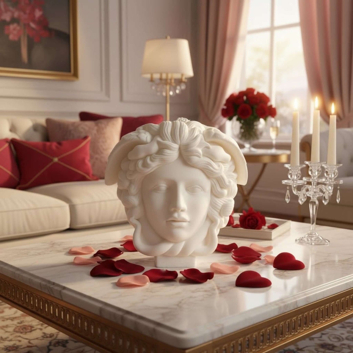 Decorative statue on a marble table with red rose petals in a stylish living room.