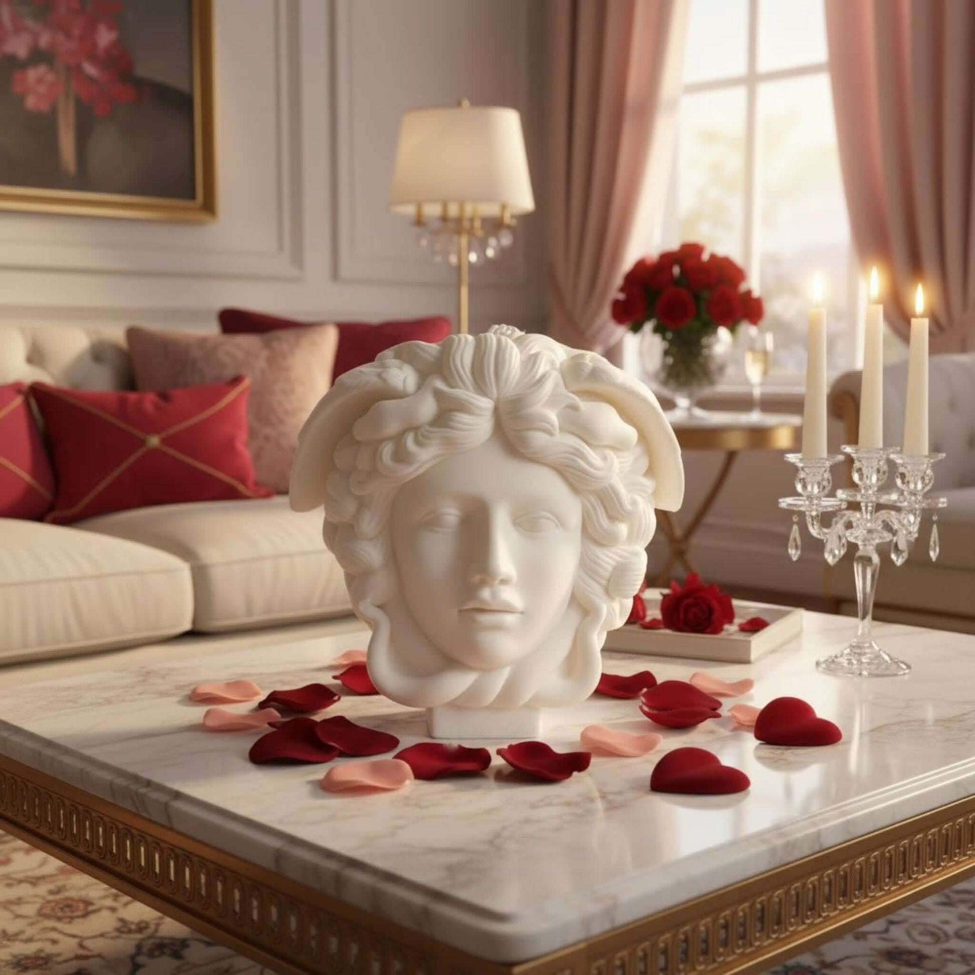Decorative statue on a marble table with red rose petals in a stylish living room.