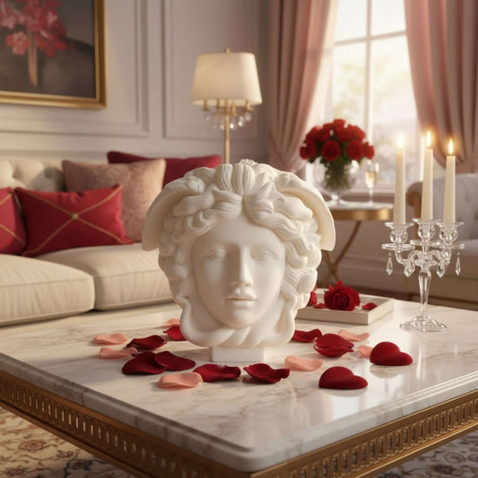 Decorative statue on a marble table with red rose petals in a stylish living room.