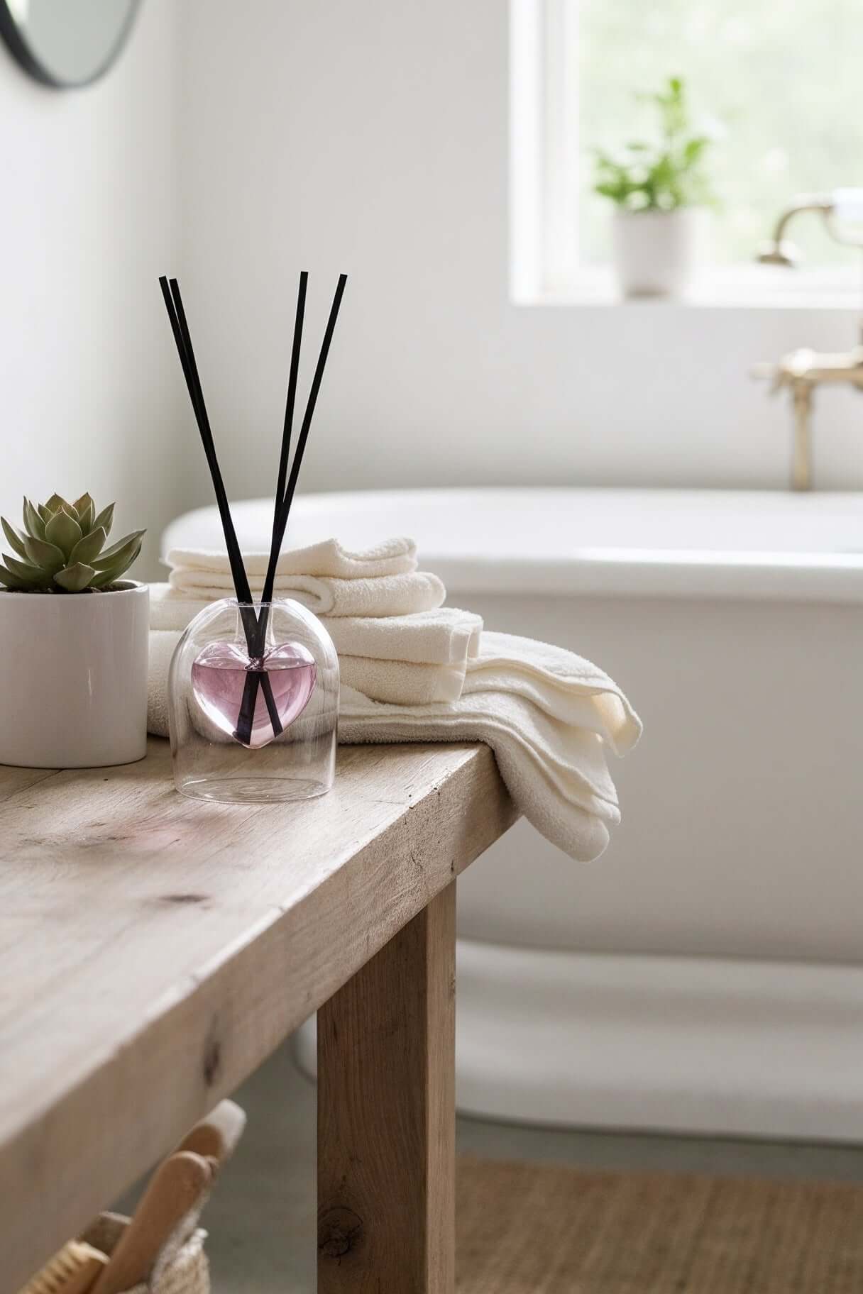 Valentine's Diffuser in a bathroom with wooden bench, plants, and towels near a bathtub.