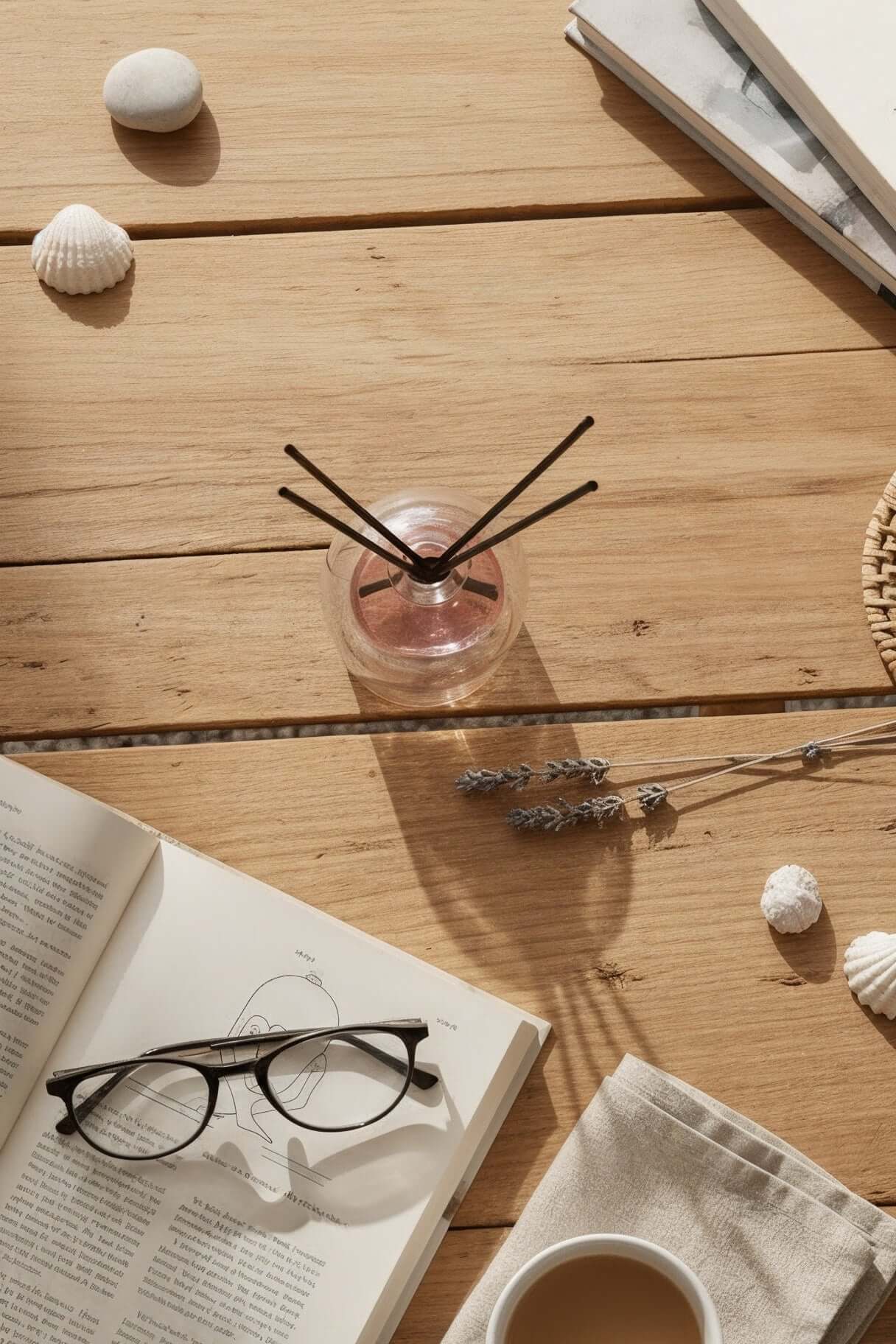 Diffuser on a Wooden table with an open book, glasses, a small cup, and decorative items.