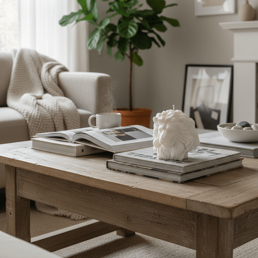 Living room with a wooden coffee table, books, a plant, and decorative items.