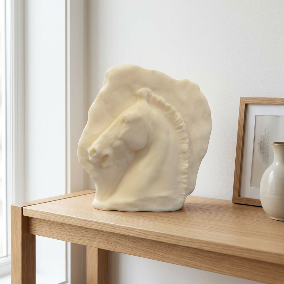 Decorative sculpture of a horse head on a wooden table with a neutral background