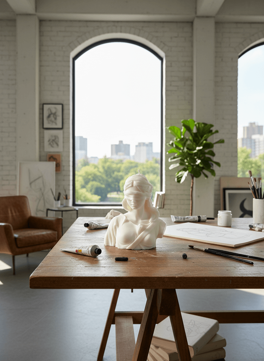 Modern office space with a wooden desk, chair, and large windows overlooking a cityscape.
