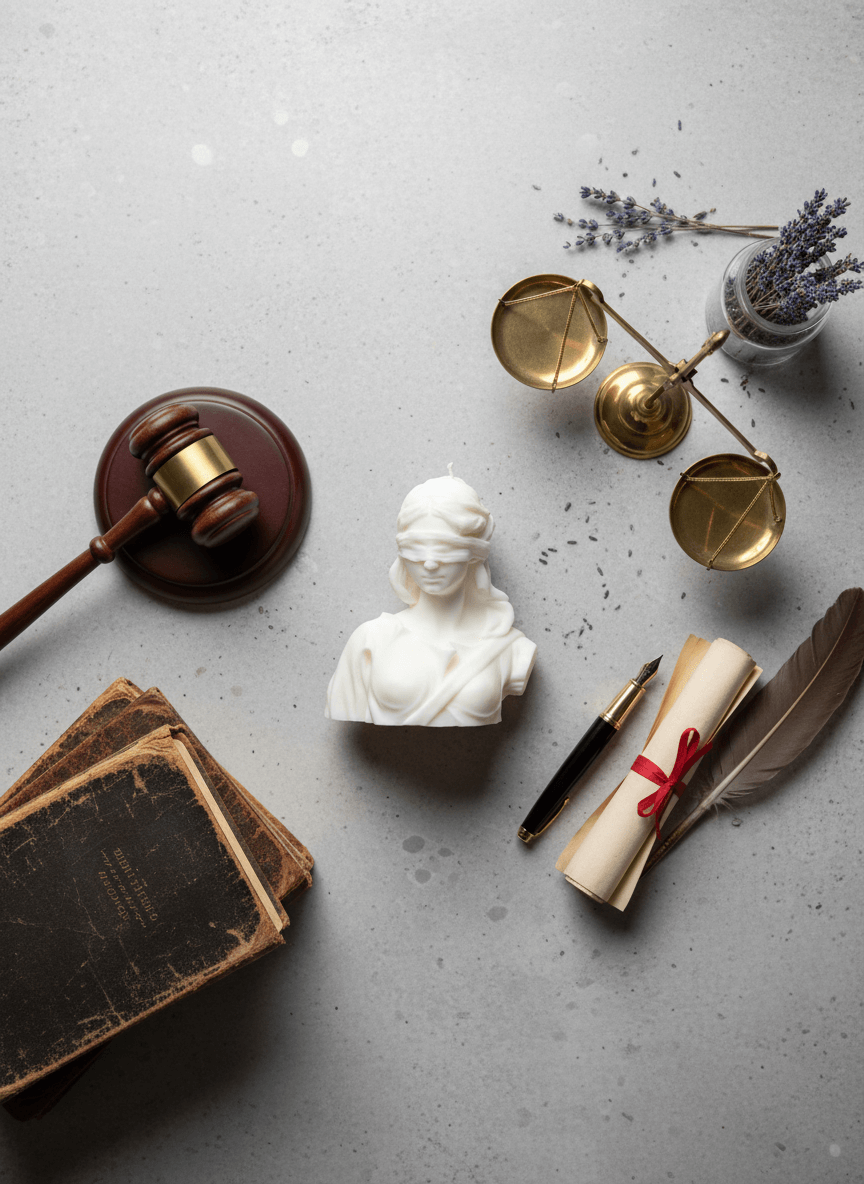 Legal-themed items including a gavel, blindfolded Justice wax statue candle, books, and a feather pen on a gray surface.