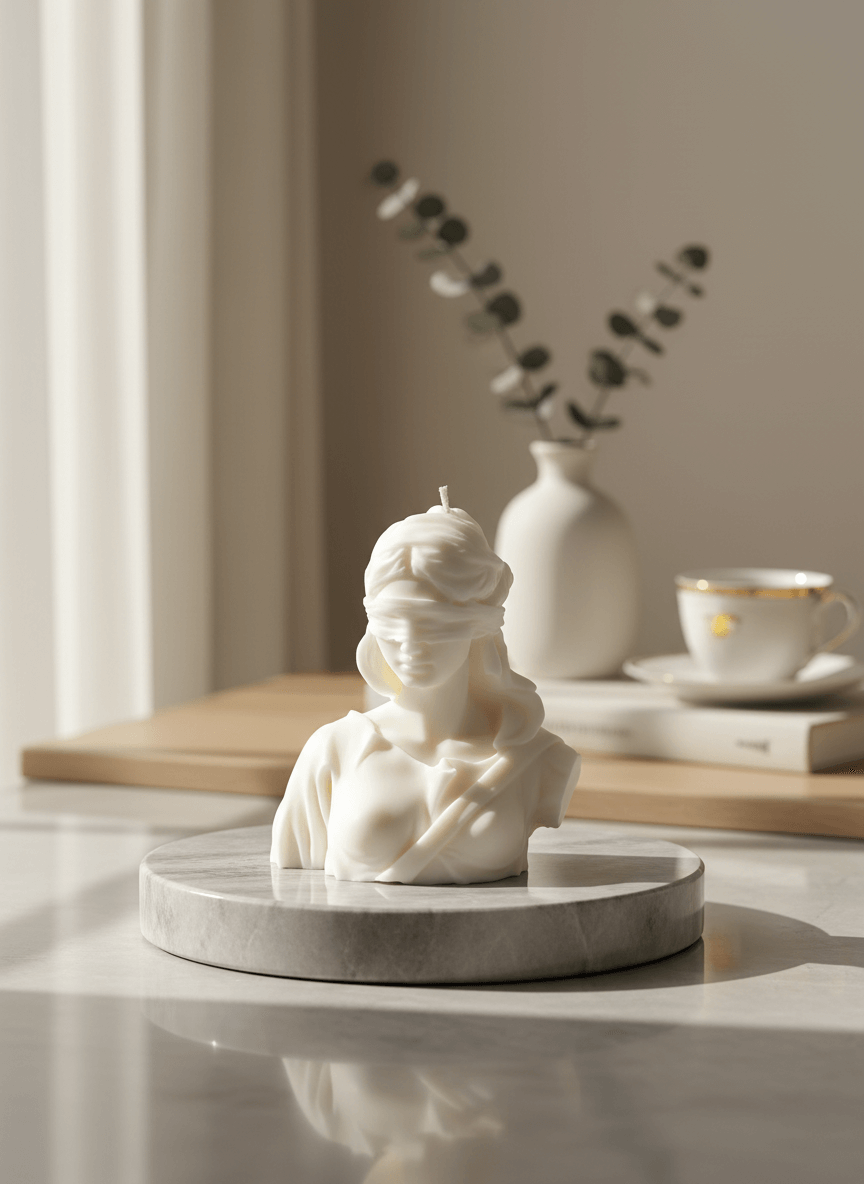 Justice candle on a living room table