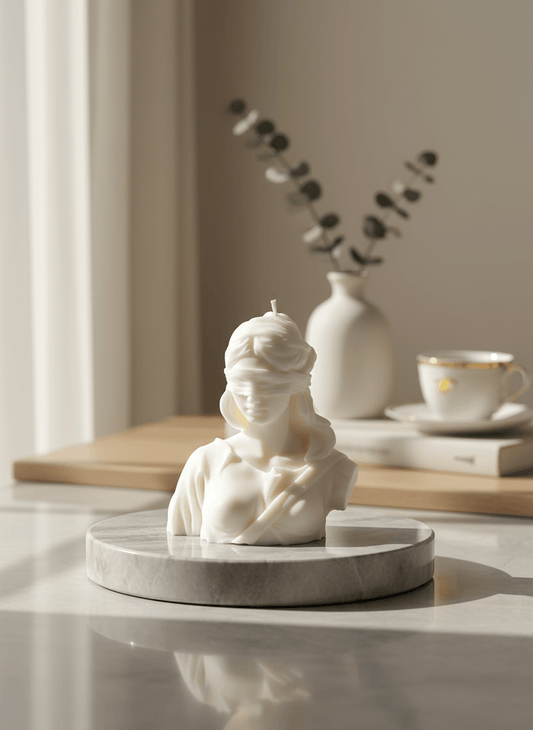 Justice candle on a living room table