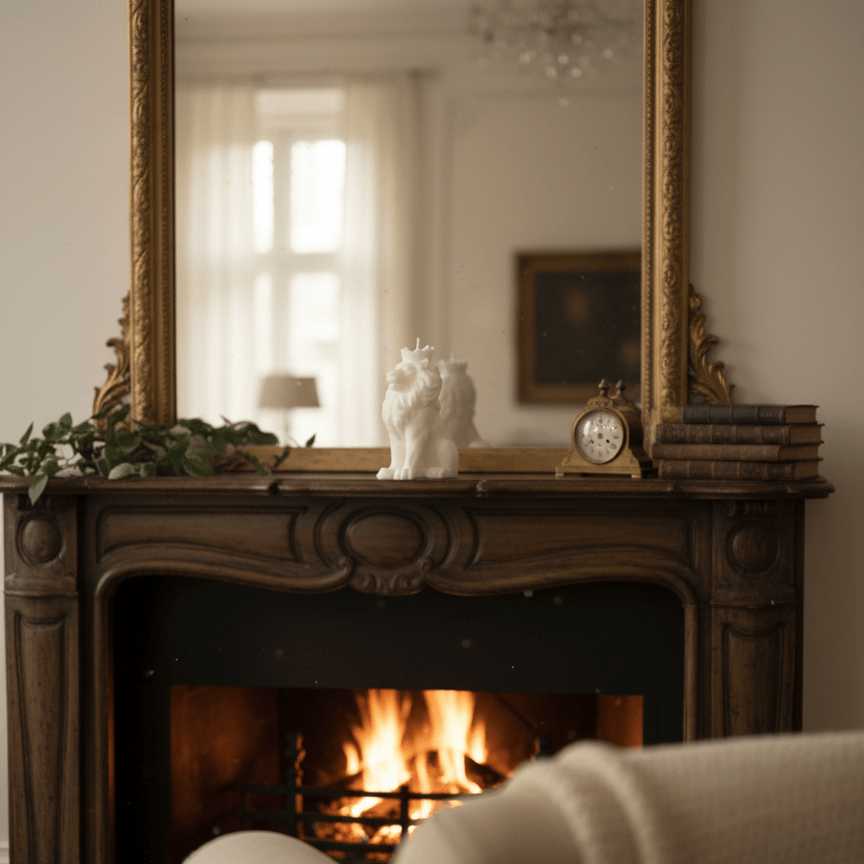Lion candle on top of a fireplace