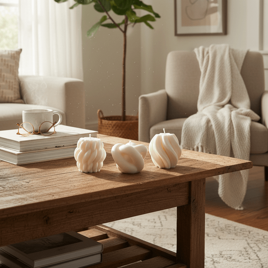 Living room with a wooden coffee table, decorative candles, and a plant.