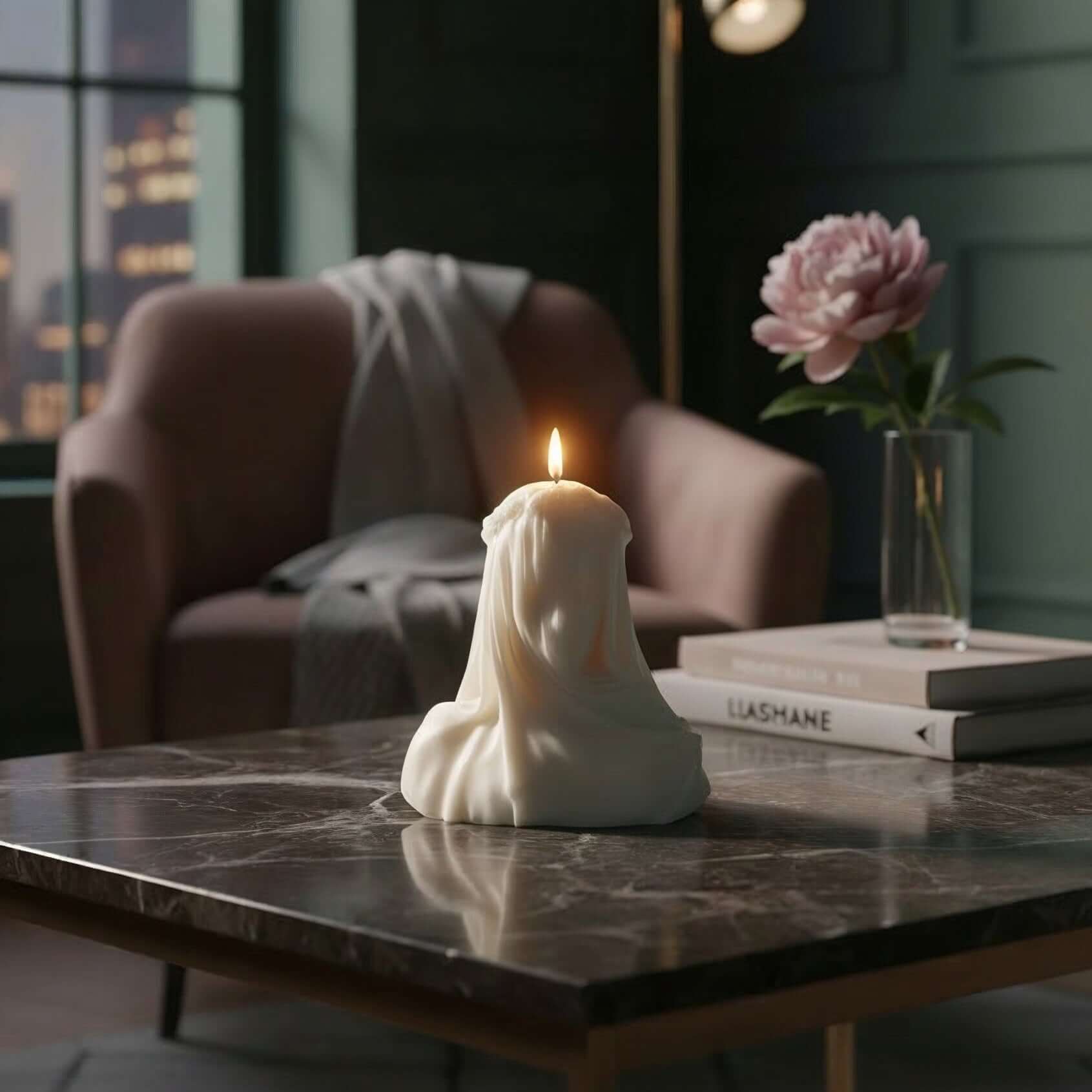 Candle shaped like a face on a marble table with a cozy living room background