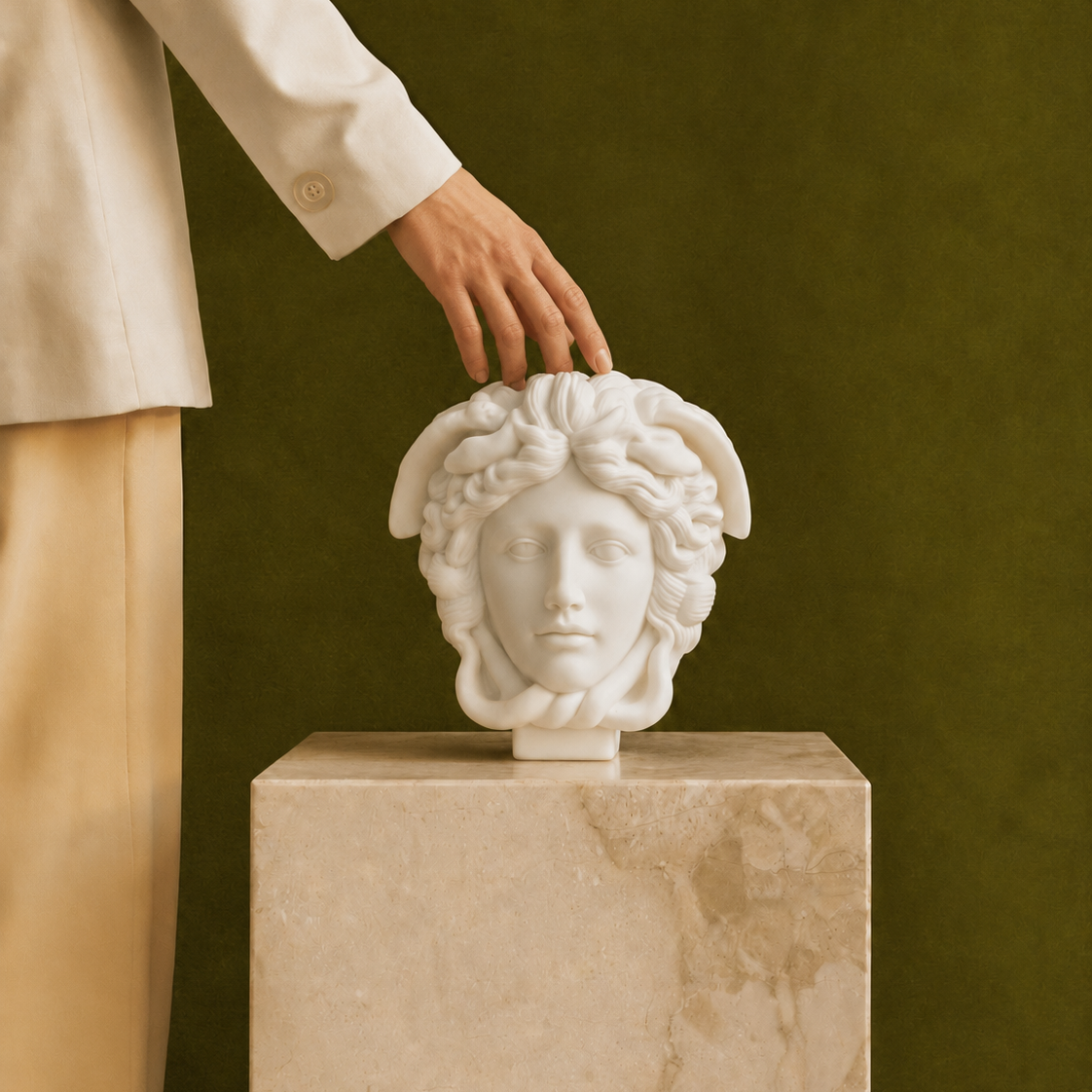 Medusa candle on a marble stand, touched by a hand in a green background