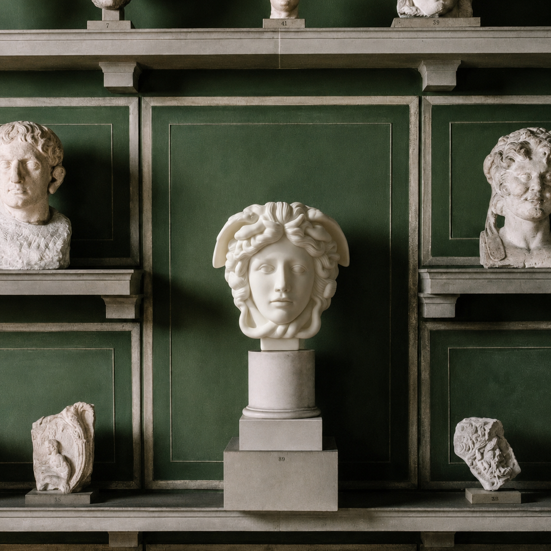 A classical white marble Medusa bust sculpture displayed on a pedestal, set against a dark green paneled wall with other ancient-style busts on shelves.