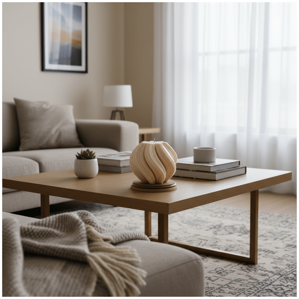 Modern living room with a coffee table, books, and decorative candle.