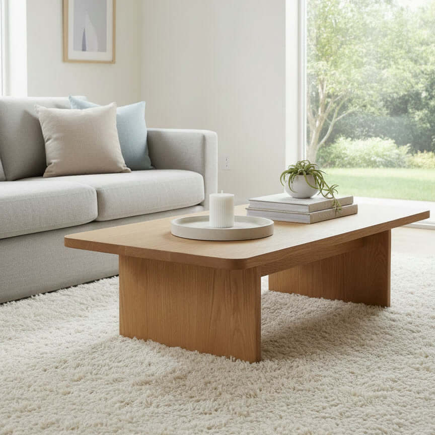 Modern living room with a wooden coffee table, candle, gray sofa, and large windows.