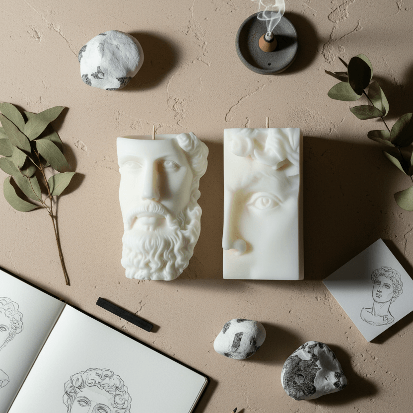 Two candles on an aesthetic stone table with sketchbook and marble rocks