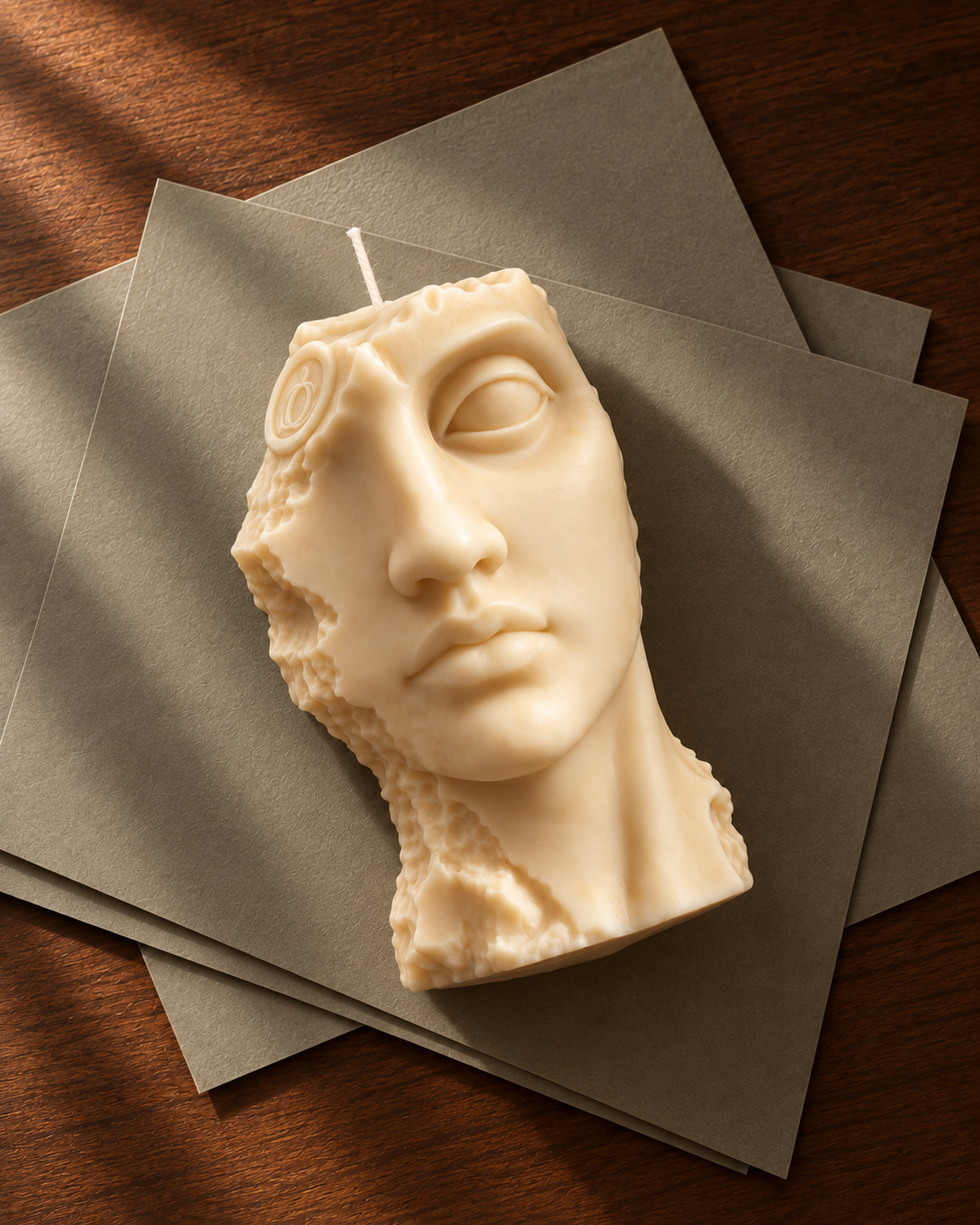 A sculptural cream-colored candle shaped like a classical Orpheus face, resting on top of stacked brown kraft paper sheets over a dark wood surface.