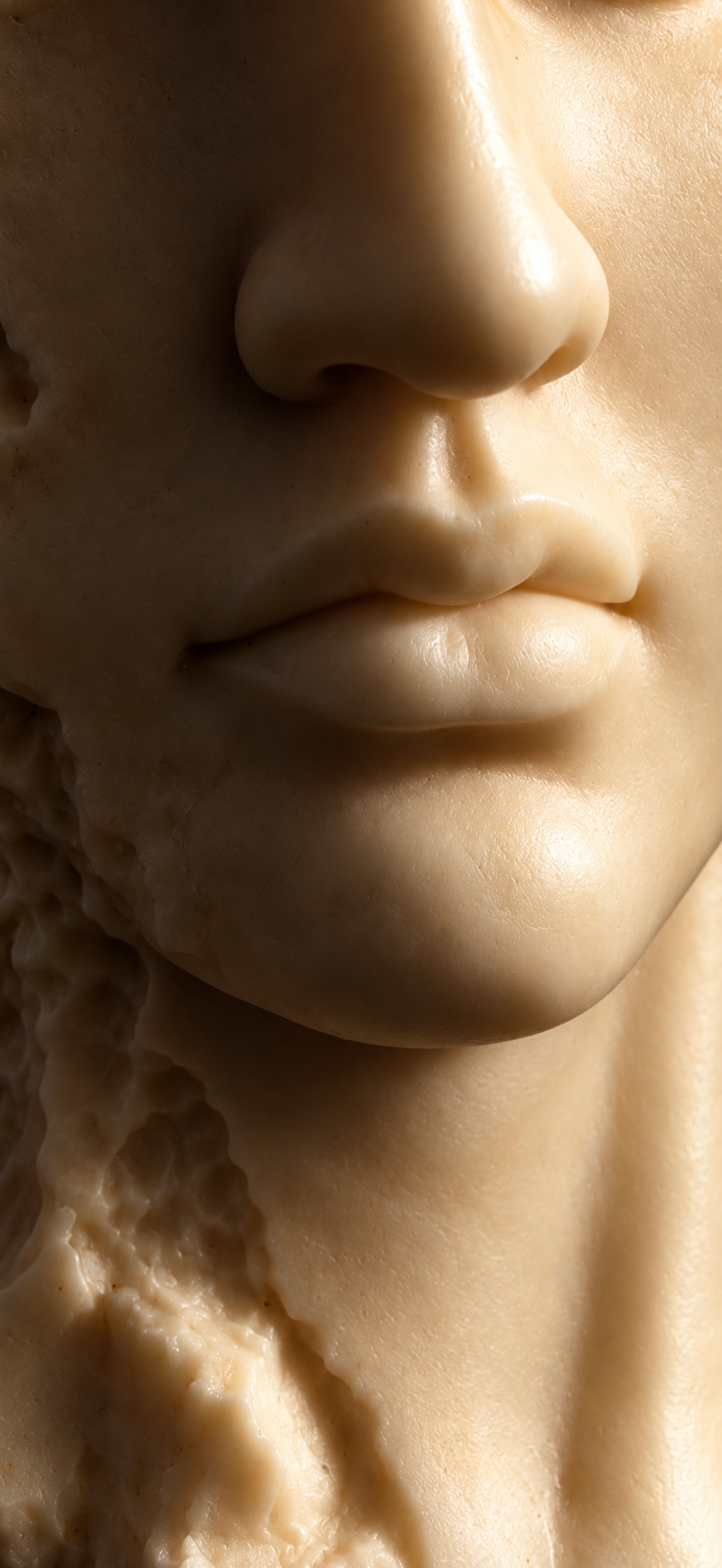 Close-up of a sculpted or printed human face and neck in warm beige tones, showing the nose, lips, chin, and textured skin-like surface.