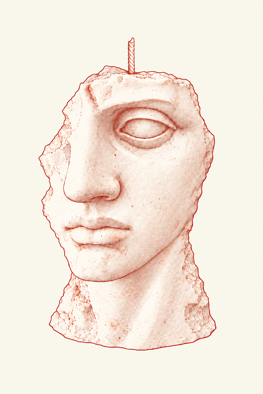 A sculptural bust candle shaped like a classical human face, shown in a pale pinkish-beige material with a thin red outline and a wick at the top, on a plain light cream background.